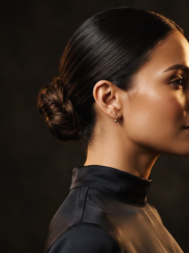 Perfil de mujer con el cabello recogido en un moño bajo