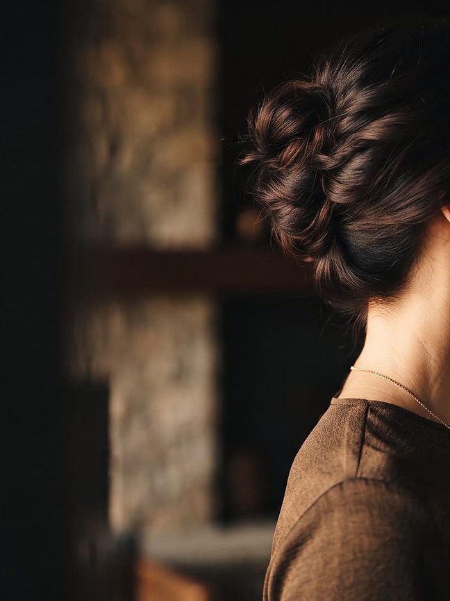 Nuca y cuello de una mujer con el cabello trenzado en moño