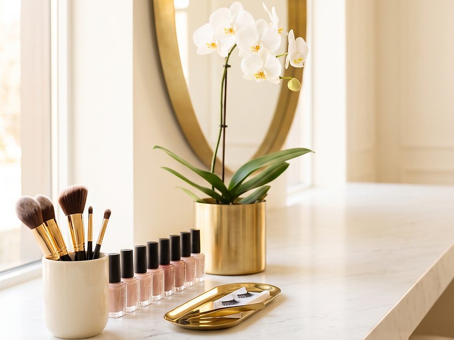 Tocador de mármol con brochas, esmaltes y pestañas del área de Beauty Aesthetic