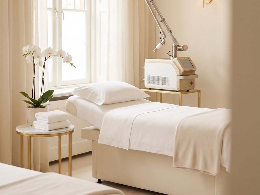 Cabina del medical spa con camilla, equipo láser y orquídeas